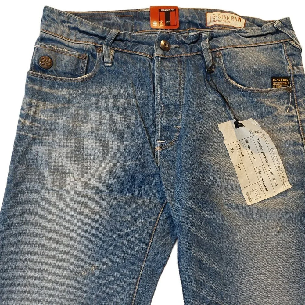 G-Star Raw GS01 Heller Straight Button Fly Blue Wheel Denim Jeans Sz 31 x 34 NWT
